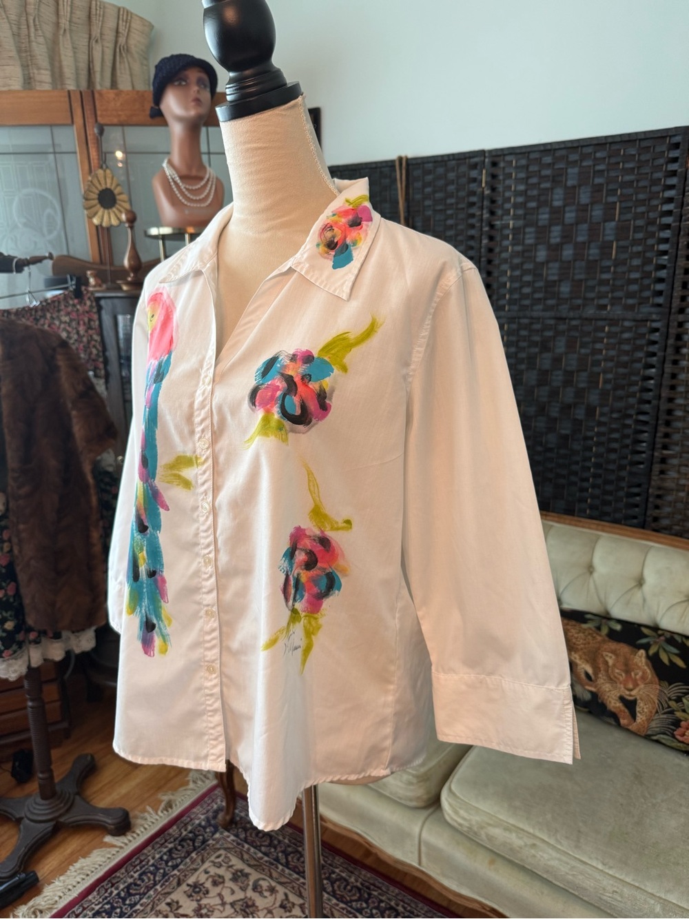 🦜🎨 Vintage J. Palmer Hand-Painted Tropical Parrot Button-Up Shirt Maui Hawaii M - Picture 3 of 13